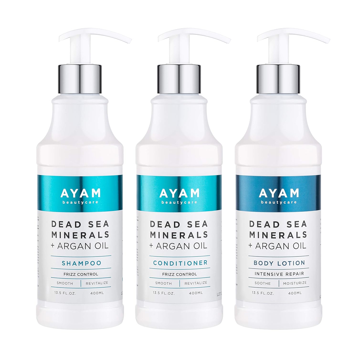 AYAM Beautycare Dead Sea Minerals + Argan Oil Set, Shampoo, Conditioner Frizz Control Intensive Repair & Body Lotion Soothe and Moisturize (Set of 3) 13.5   each (Argan Oil)