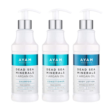 AYAM Beautycare Dead Sea Minerals + Argan Oil Set, Shampoo, Conditioner Frizz Control Intensive Repair & Body Lotion Soothe and Moisturize (Set of 3) 13.5   each (Argan Oil)