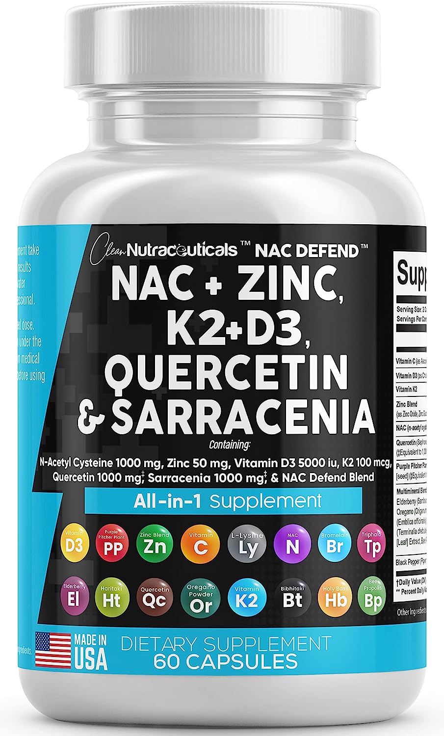NAC Supplement N-Acetyl Cysteine 1000mg Vitamin D3 K2 Zinc Quercetin 1