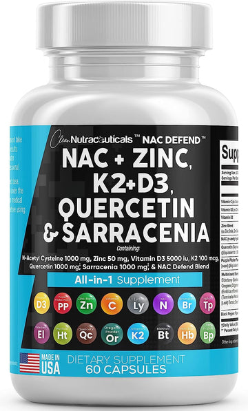 NAC Supplement N-Acetyl Cysteine 1000mg Vitamin D3 K2 Zinc Quercetin 1