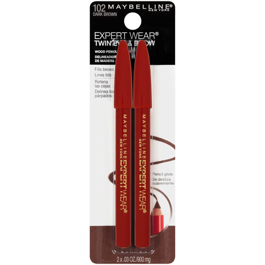 Maybelline New York Makeup Expert Wear Twin Eyebrow Pencils and Eyeliner Pencils, Dark Brown Shade, 0.06 , 2 Count (Pack of 1)