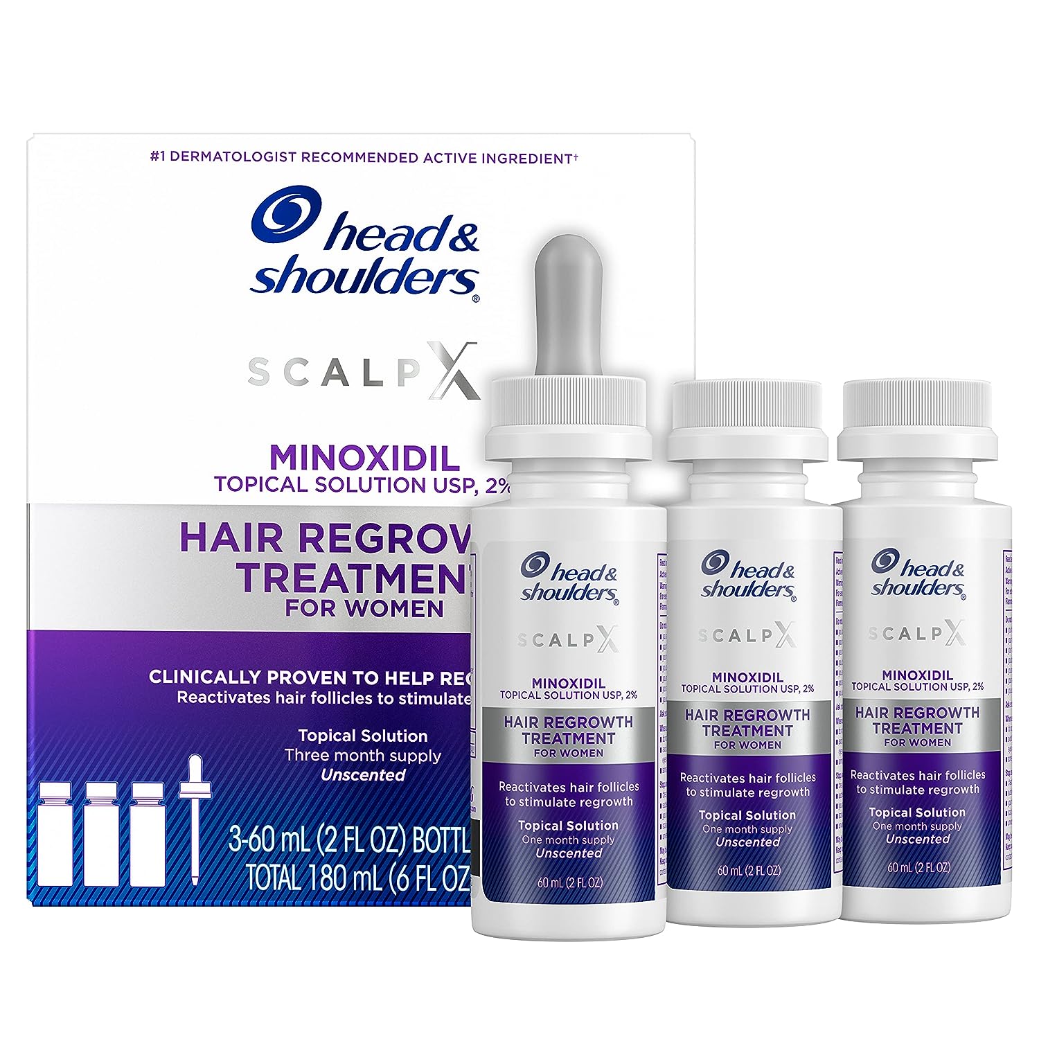Head & Shoulders Scalp X 2% Minoxidil for Women, Hair Regrowth Treatment for Thinning Hair and Hair Loss, Topical Solution, 3 Month Supply, 2   Each, Pack of 3