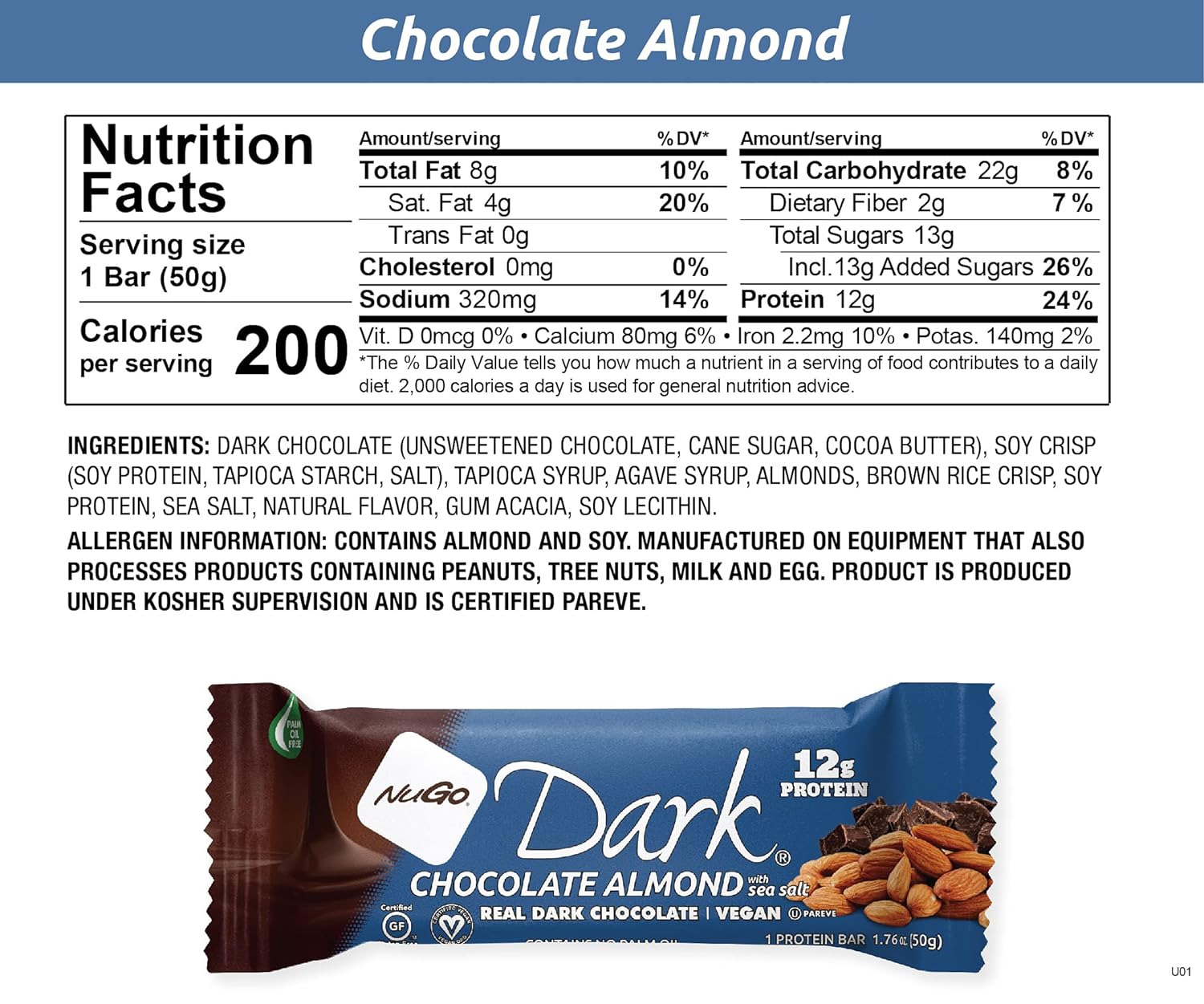 NuGo Dark Chocolate Almond with Sea Salt, 12g Vegan Protein, 200 Calor