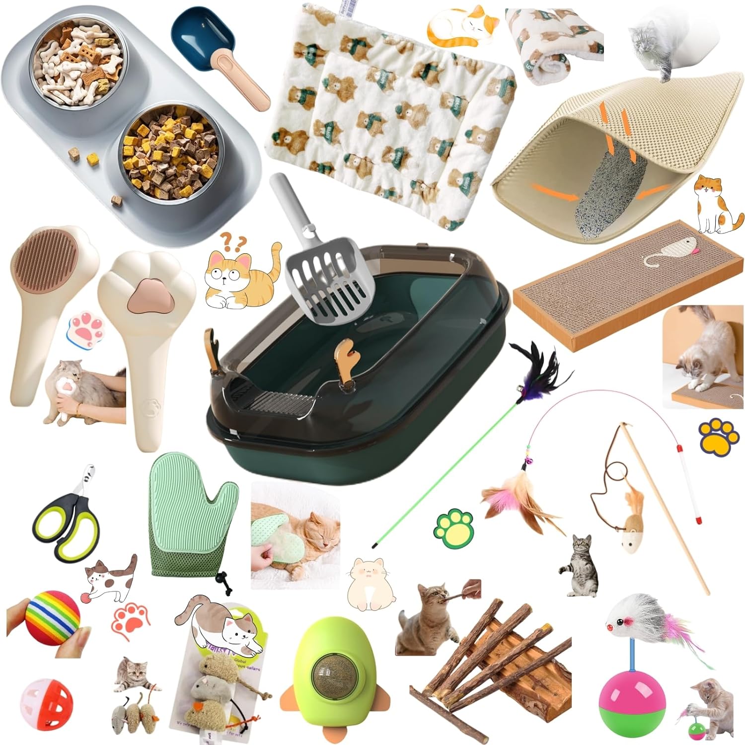 Cat Starter Kit For Indoor Cats,19 Pieces Set Of Kitten Essentials Starter Kit And Kitty Stuff.Includes Cat Litter Box,T