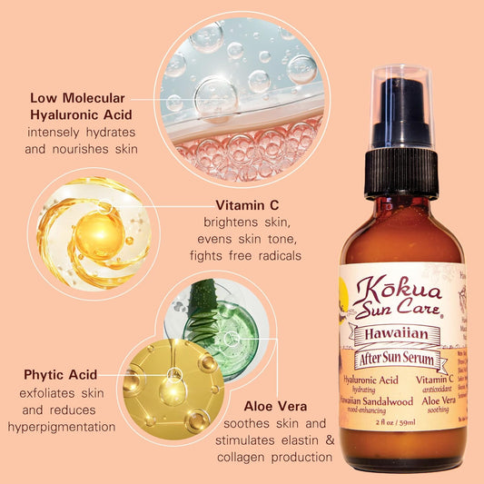 Kokua Sun Care After Sun Lotion - 2  Hawaiian Sunburn Healing Serum with Hyaluronic Acid, Vitamin C, Aloe Vera, and Organic Hawaiian Sandalwood Oil - Soothing and Moisturizing After Sun Serum