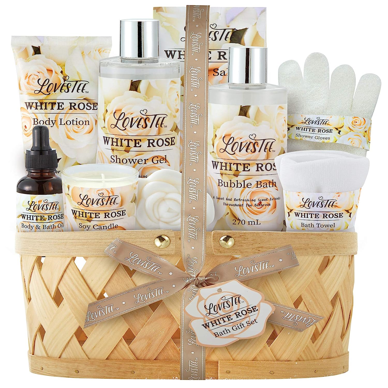 Bath & Body Spa Gift Basket for Women, Best Gift for Christmas, Mother’s Day & Birthday, White Rose Set Includes Body Lotion, Shower Gel, Bubble Bath, Bath Salt, Towel, Soap, Oil, Candle, Gloves
