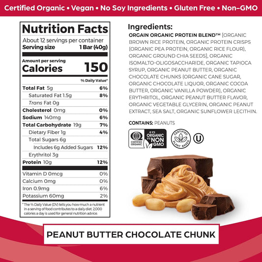 Orgain Organic Vegan Protein Bars, Peanut Butter Chocolate Chunk - 10g Plant Based Protein, Gluten Free Snack Bar, Low S