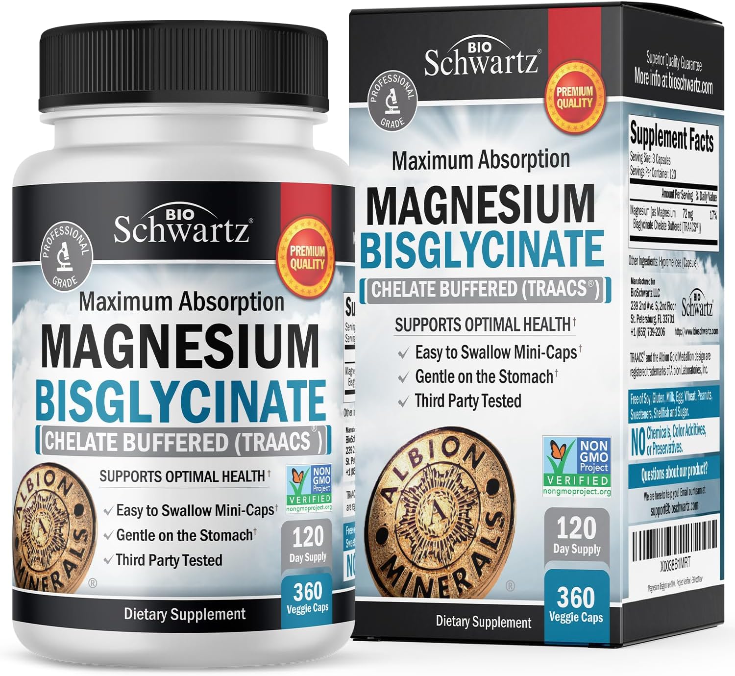 Magnesium Bisglycinate 100% Chelate No-Laxative Effect - Maximum Absorption & Bioavailability, Fully Reacted & Buffered