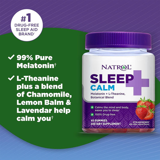 Natrol Sleep+ Calm, Drug Free Sleep Aid Supplement, Calm an Active Mind, Ease to Sleep, 60 Strawberry avored Gummies