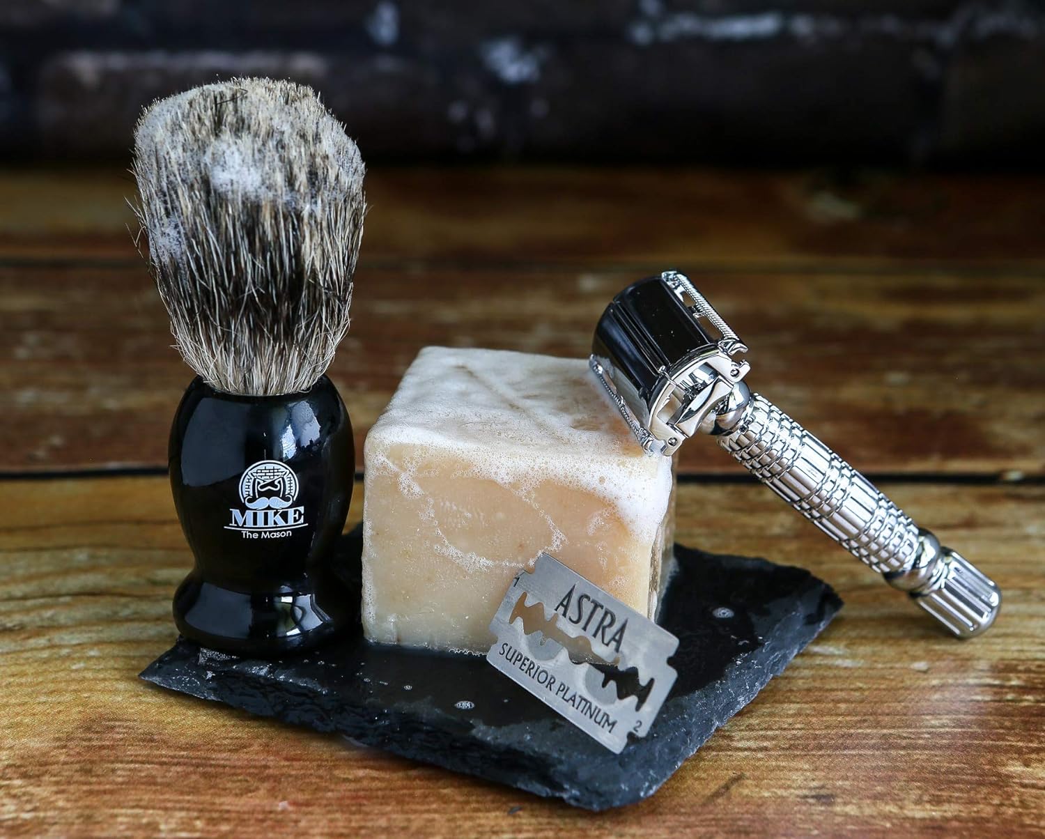 Complete Wet Shave Kit | Mike the Mason | Gift Set Includes: Hawk Safety Razor, Pure 100% Badger Hair Brush, Organic Honey Oatmeal Shave Bar, Nick Brick, 5 Premium Mens Blades, and a Razor Stand