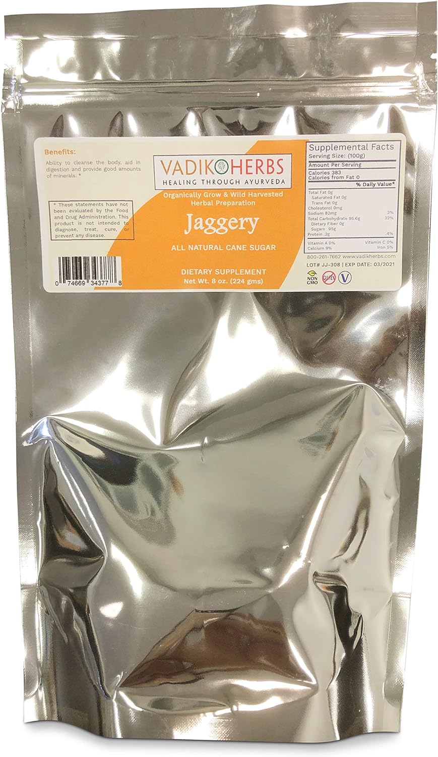Vadik Herbs Jaggery (Sugar Cane Sugar, Gur) 8oz. | Premium Quality, Ships from California | Ability to Detox and Cleanse