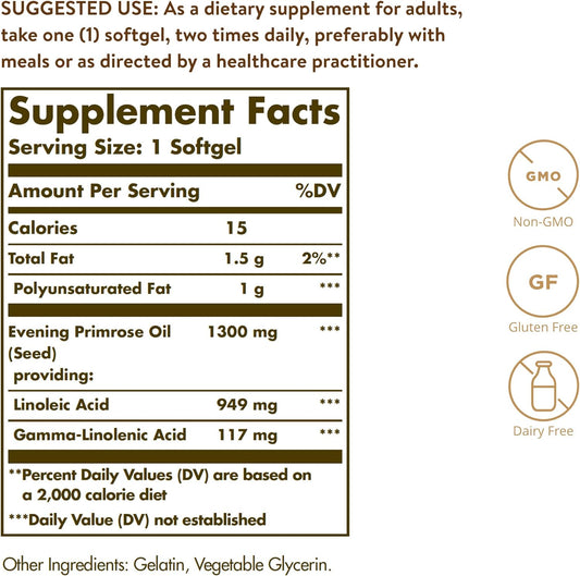 Solgar Evening Primrose Oil 1300 mg 60 Softgels - Promotes Healthy Ski