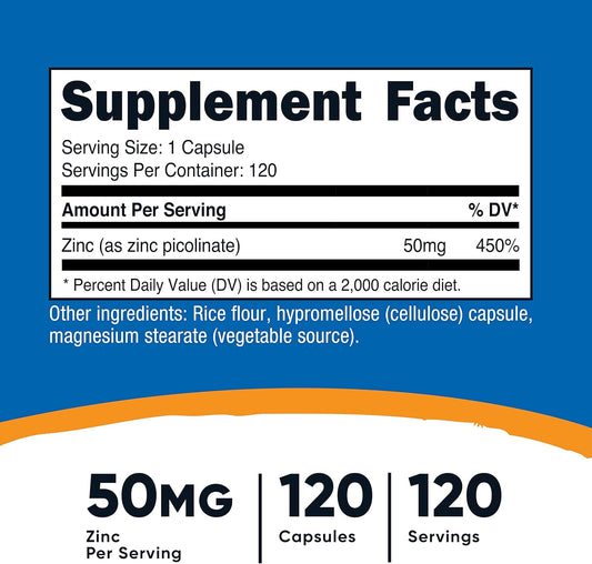 Nutricost Zinc Picolinate 50mg, 120 Vegetarian Capsules - Gluten Free and Non-GMO