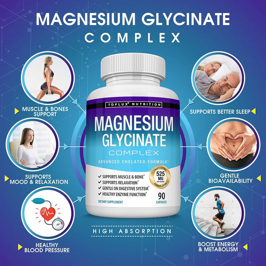 Magnesium Glycinate Complex 525 mg High Absorption 100% DV Chelated - Formulated for Recovery, Maximum Bioavailability V