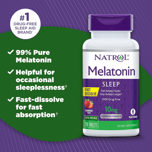 Natrol Melatonin Fast Dissolve Sleep Aid Tablets, Fall Asleep Faster, Stay Asleep Longer, Easy to take, Dissolves in Mouth, Drug Free, 10mg, 75 Strawberry avored Tablets (Pack of 12)