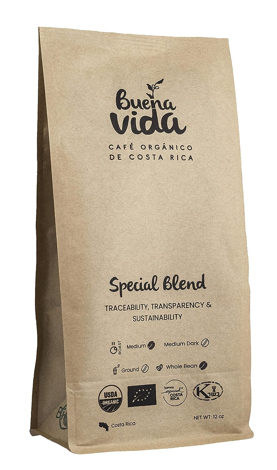 Buena Vida Organic Specialty Coffee - Costa Rica Coffee, Fair Trade, Kosher, Usda Organic, Special Blend Whole Bean