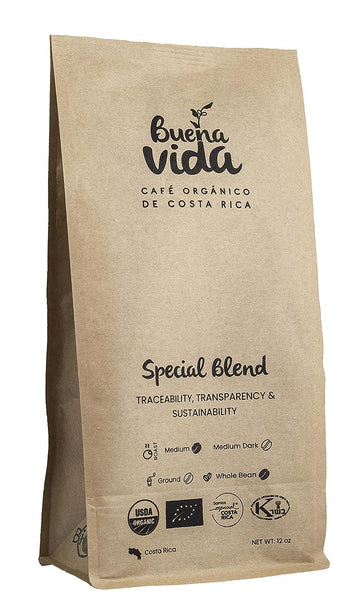 Buena Vida Organic Specialty Coffee - Costa Rica Coffee, Fair trade, Kosher, USDA Organic, Special Blend Whole Bean