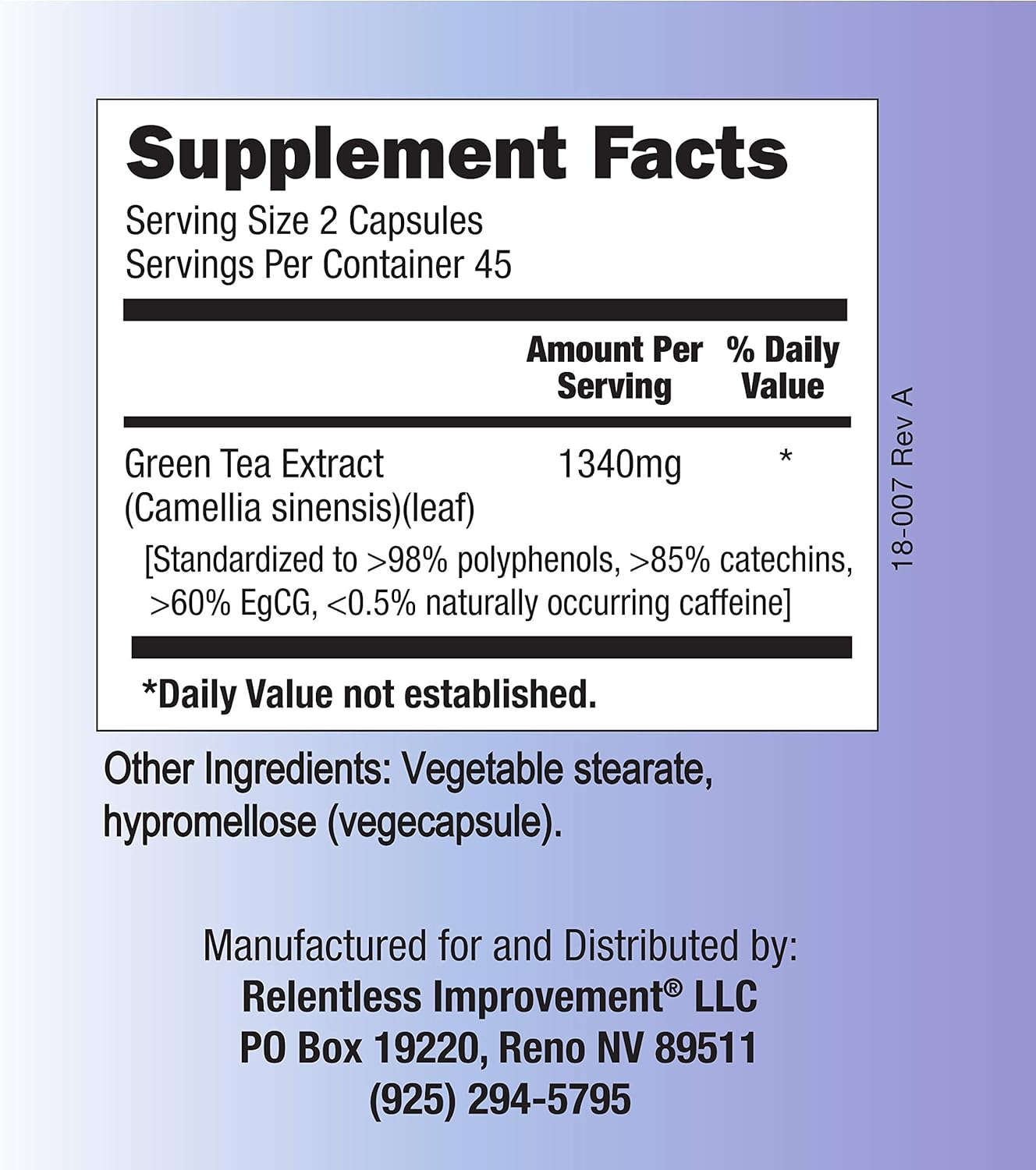 Relentless Improvement EGCG Green Tea Extract 90 Capsules 670mg Extrac