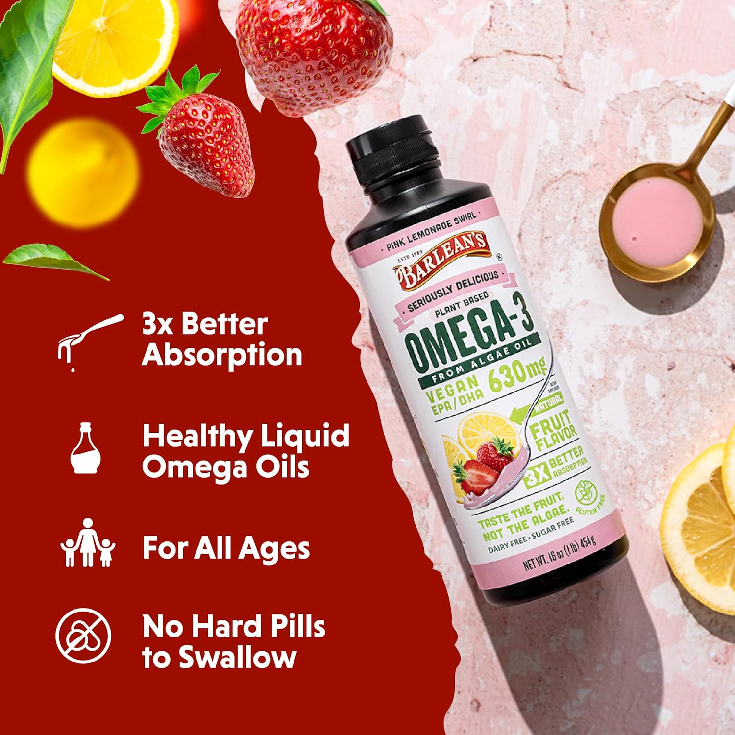  Barlean's Pink Lemonade Vegan Omega 3 Supplement, Liquid Al