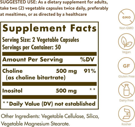 Solgar Choline/Inositol 500 mg/500 mg, 100 Vegetable Capsules - Energy