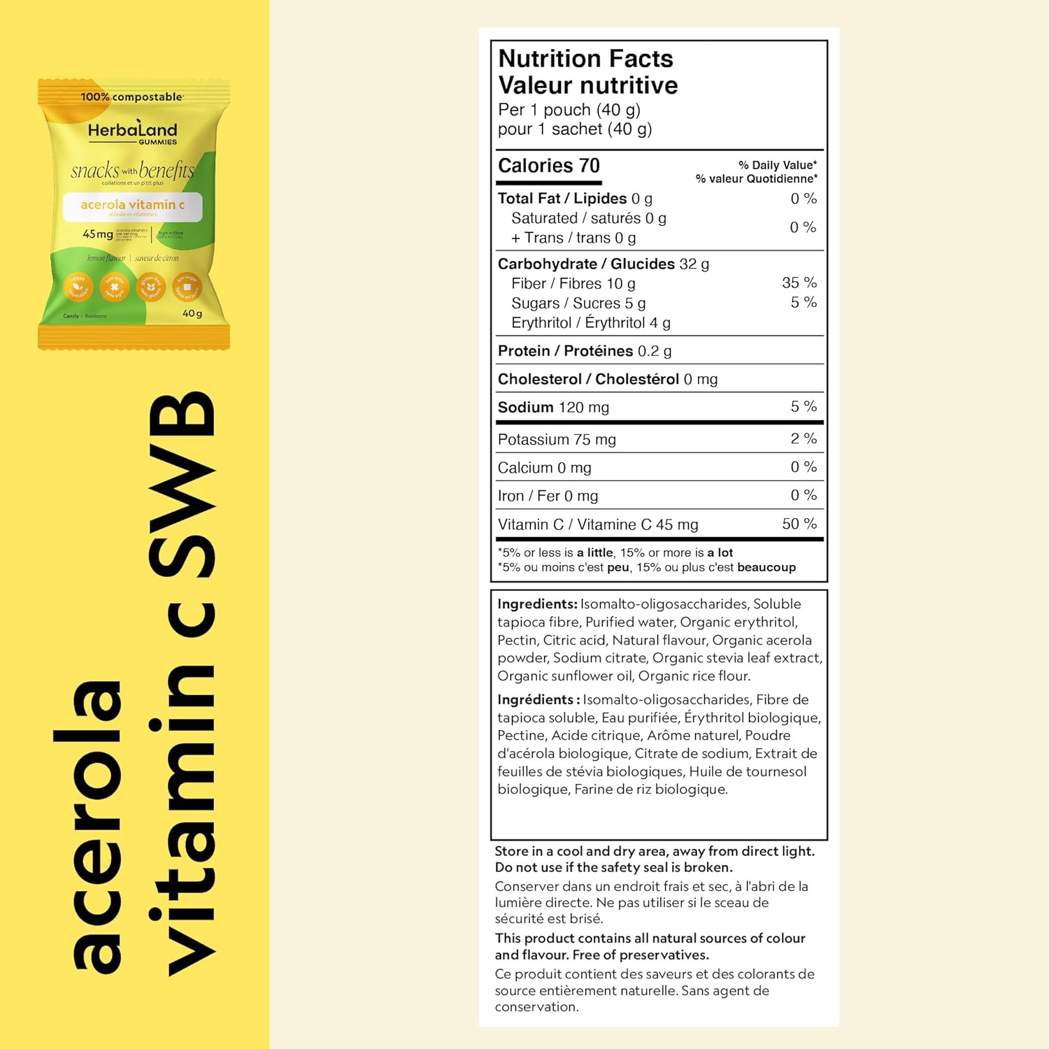 Herbaland Acerola VIT C Gummies – Vegan, Low-Sugar, High-Fiber, Gluten