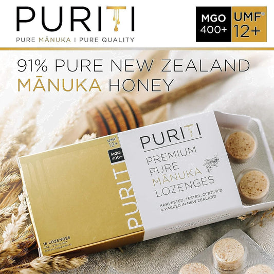 PURITI Manuka Honey Lozenges UMF 12+ (16 Pack) Manuka Honey UMF 10+ | Premium Sugar Free Throat Soothers for Coughs & So