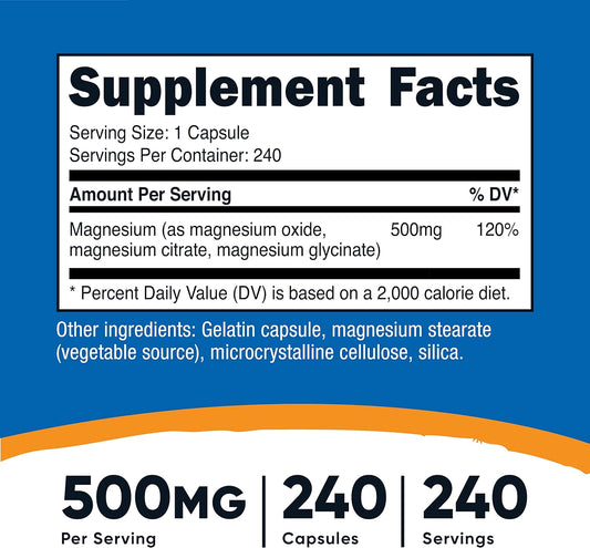 Nutricost Magnesium Complex 500mg, 240 Capsules - Magnesium Oxide, Citrate, and Glycinate - Gluten Free and Non-GMO