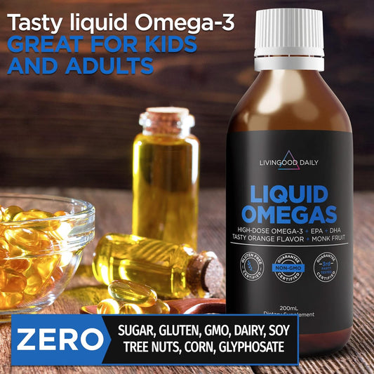 Livingood Daily Liquid Omegas, 6.8 fl oz - 1200mg Omega 3 Fish Oil for Kids and Adults - EPA, DPA, & DHA Liquid Suppleme