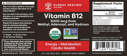 Global Healing Center Triple Activated B12 5000 Mcg Organic Sublingual Liquid Vitamin Supplement, Methylcobalamin,Adenos