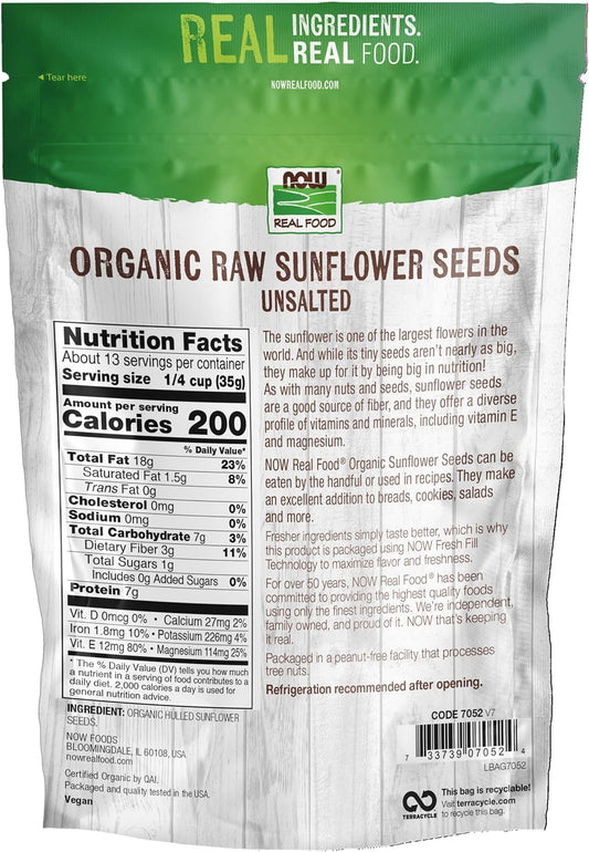 NOW Foods, Certified Organic Sunflower Seeds, Raw and Unsalted, Source of Fiber and Vitamin E, Hulled for Great Taste, C