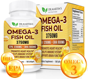 Omega-3 Fish Oil 3750mg Triple Strength - 180 Burpless Softgels | EPA 1200mg + DHA 900mg | Promotes Healthy Heart, Immun