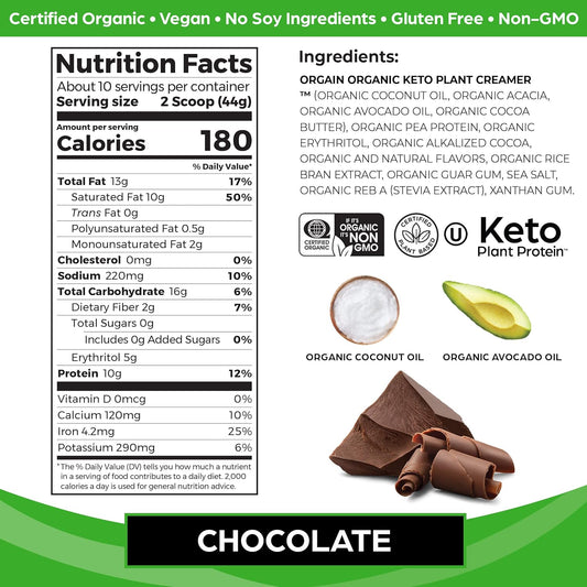 Orgain Organic Keto Vegan Protein Powder, Chocolate - 10g Plant Based