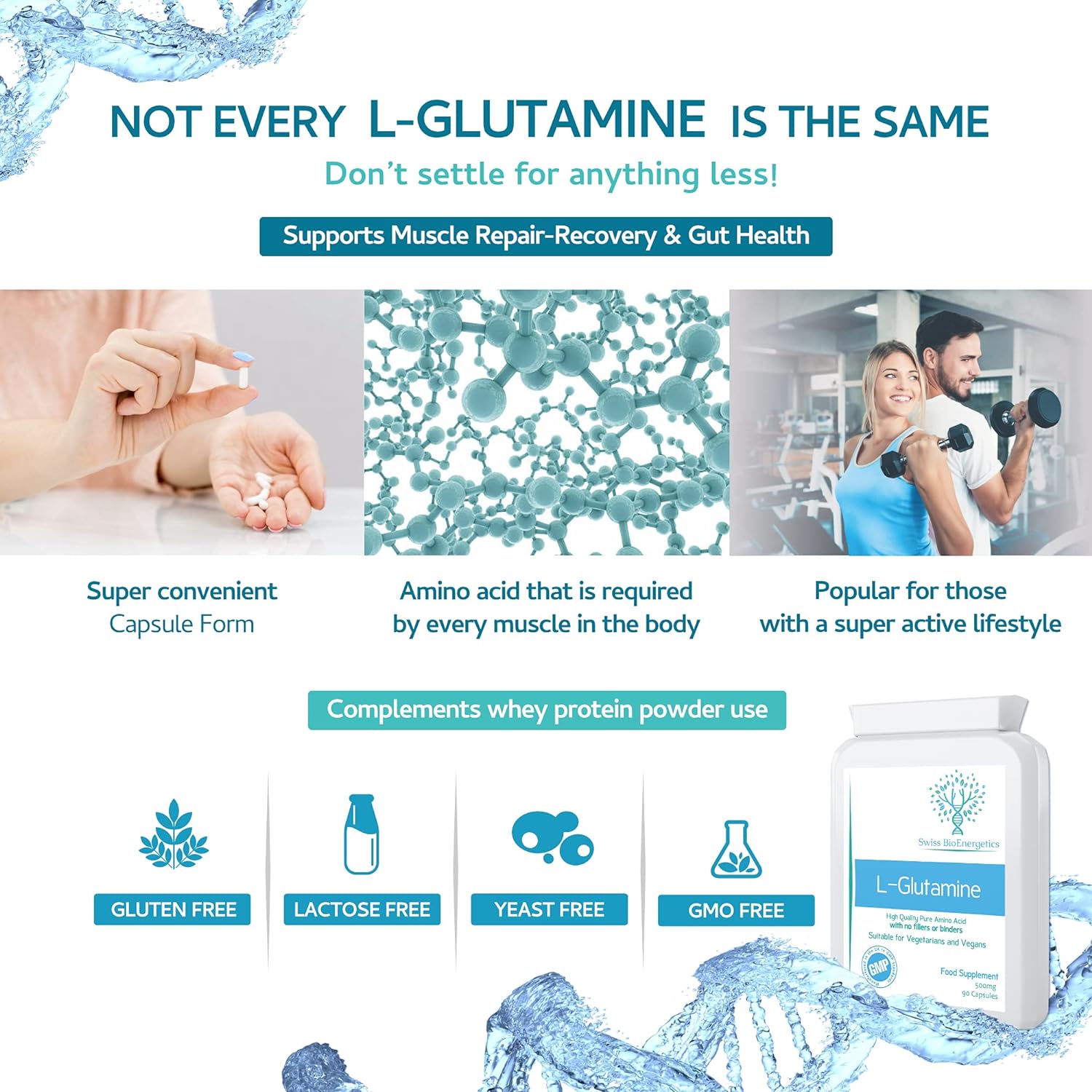 L-Glutamine 500mg 90 Capsules - Pure Amino Acid with no fillers or Bin