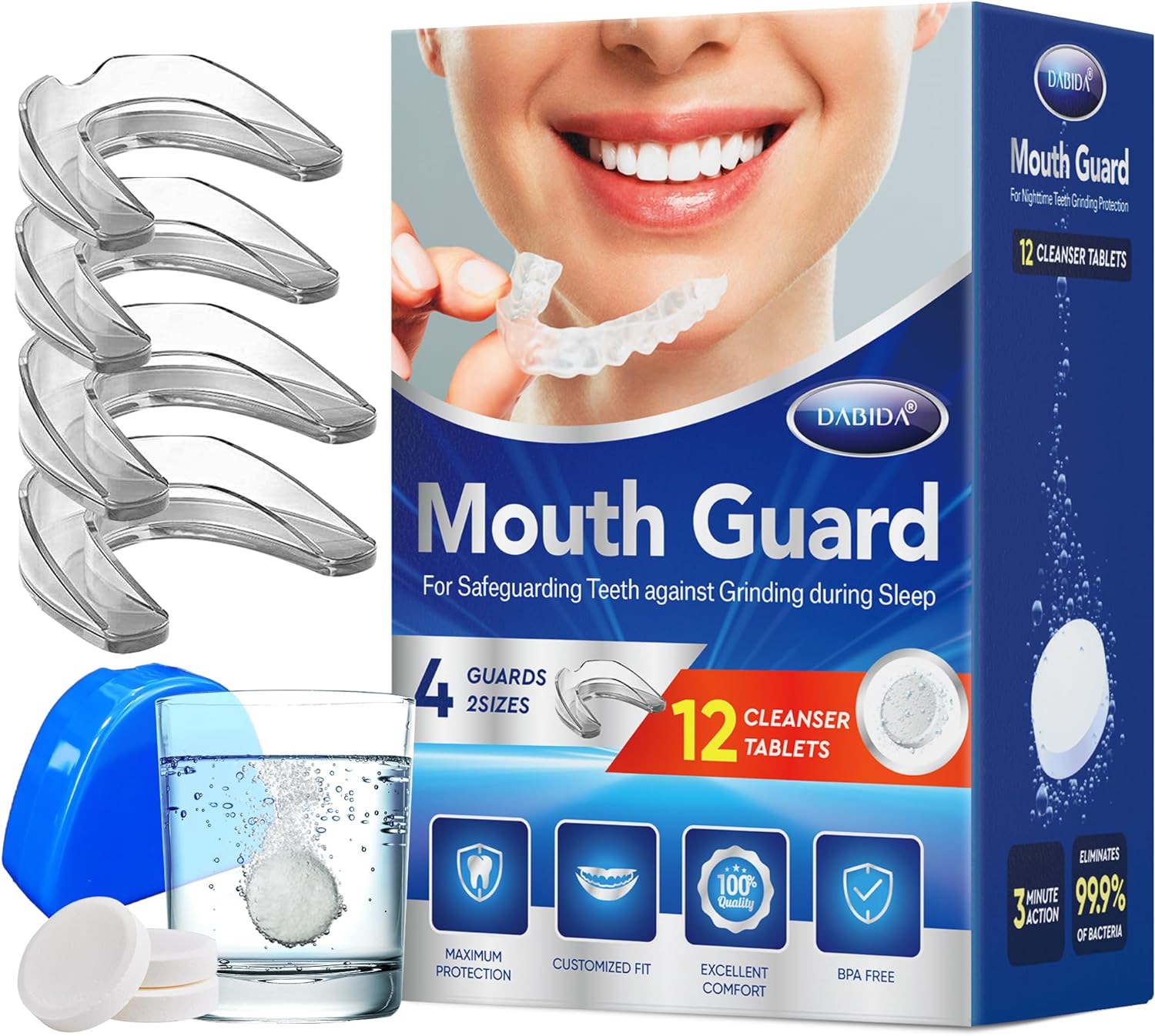 DABIDA Night Mouth Guards for Teeth Grinding, Mouth Guard for Grinding Teeth, Teeth Grinding Mouth Guard for Sleep, Teeth Grinding, Night Mouth Guard, Mouth Guard &12 Cleaning Tablets