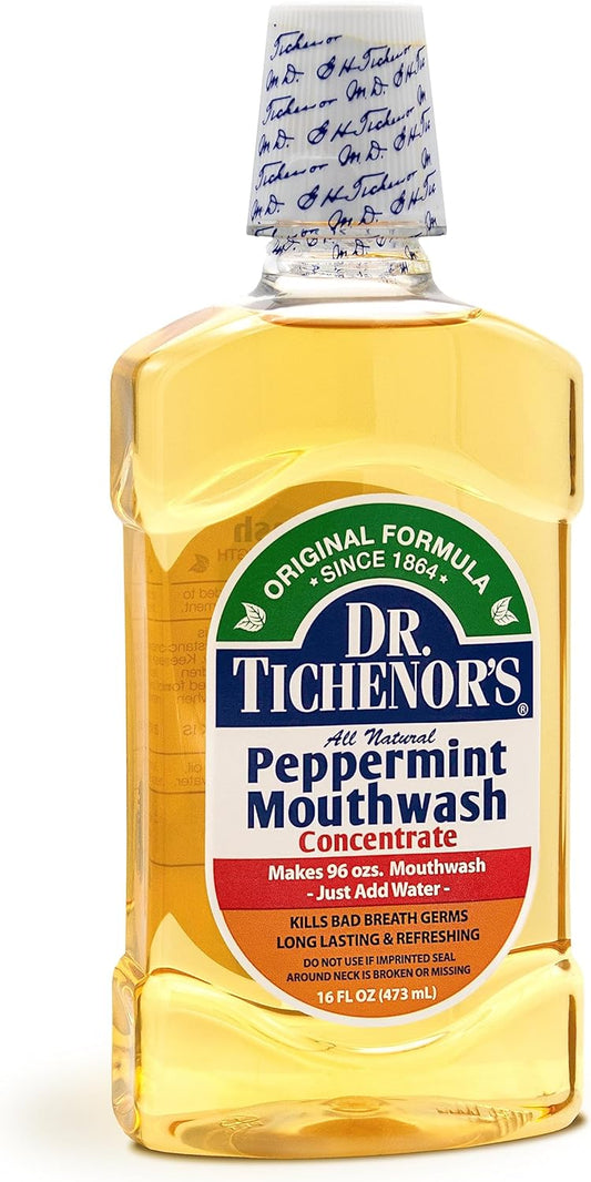 Dr. Tichenor's Peppermint Mouthwash Concentrate - Oral Rinse for Bad Breath and Oral Health with a Minty Punch for Soothing Relief of Minor Sore Throat Irritation - 16  (Pack of 2)