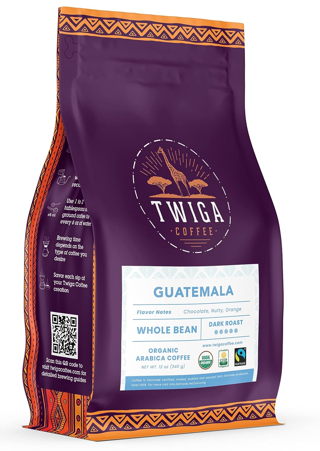 Twiga Coffee | Guatemala Coffee | USDA Organic | Fairtrade | Dark Roast | Whole Bean |