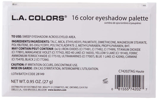 L.A. COLORS 16 Color Eyeshadow Palette, Haute, 1.02