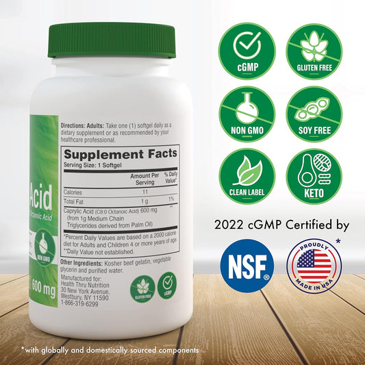 Health Thru Nutrition Caprylic Acid 600Mg C8 Octanoic Acid From Pure 1G Mct Oil | Non-Gmo & Soy Free | Support Healthy Digestive And Intestinal Health | Keto Friendly