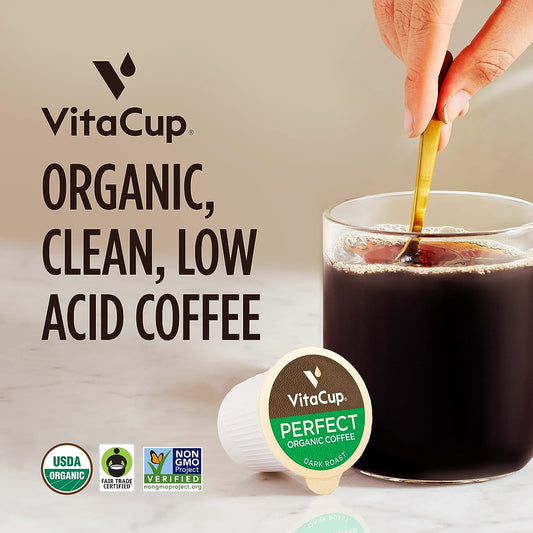 VitaCup Perfect Low Acid Coffee Pods, USDA Organic & Fair Trade, Mycotoxin Free, Dark Roast Guatemala Single Origin, Clean & Pure Recyclable Single Serve Pod compatible w/Keurig K-Cup Brewers,16 CT