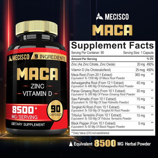 Maca Capsules - 9in1 Equivalent 8500mg Blended with Zn, VitaminD, Ashwagandha, Ginseng, Saw Palmetto, Tongkat Ali & More