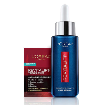 L'Oreal Paris Revitalift 0.3% Pure Retinol Night Serum, Reduce Deep Wrinkles, Fragrance Free 1  + Moisturizer Sample