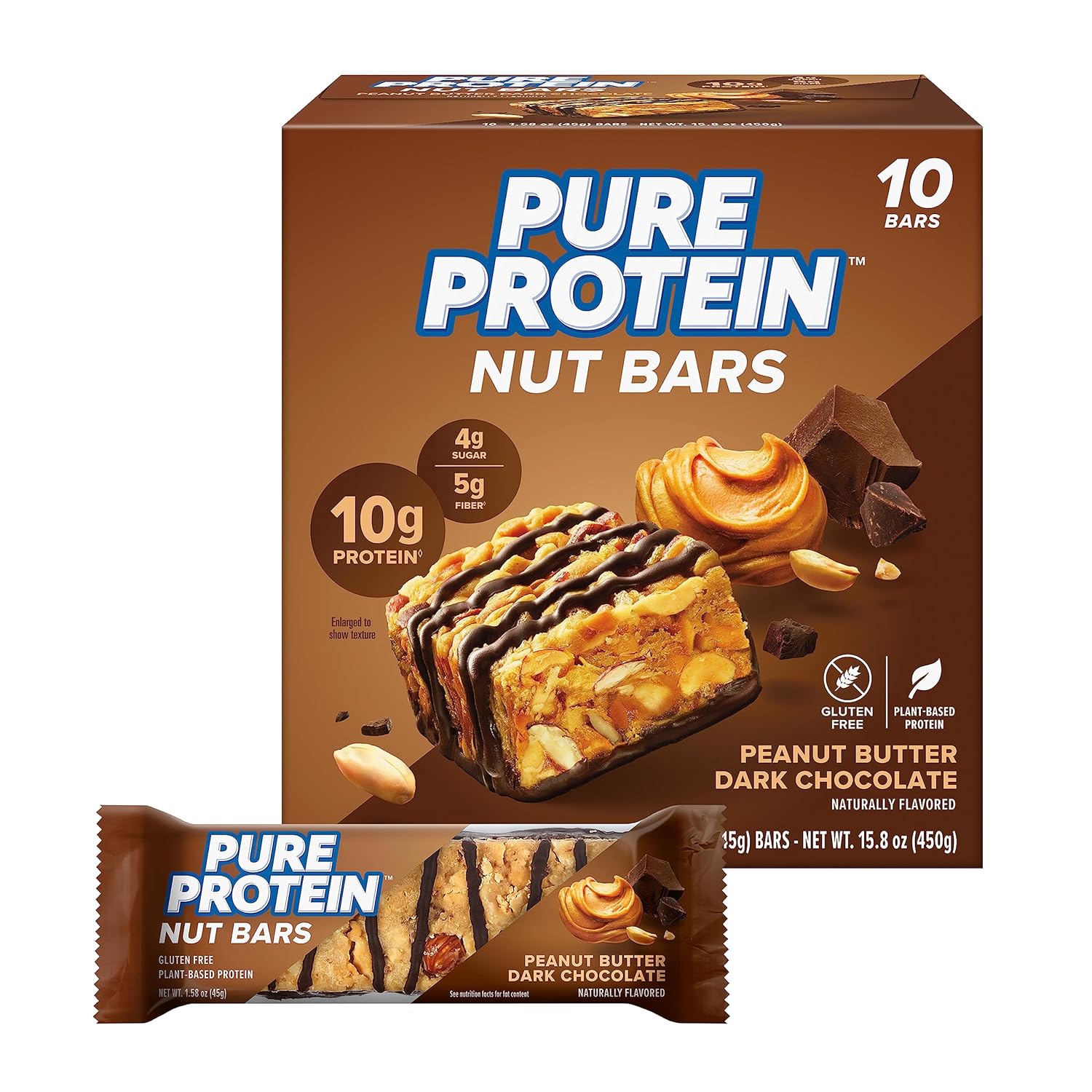 Pure Protein Nut Bars, Peanut Butter Dark Chocolate, 10G Protein, Gluten Free, Low Sugar, 15.8 Oz, 10 Pack