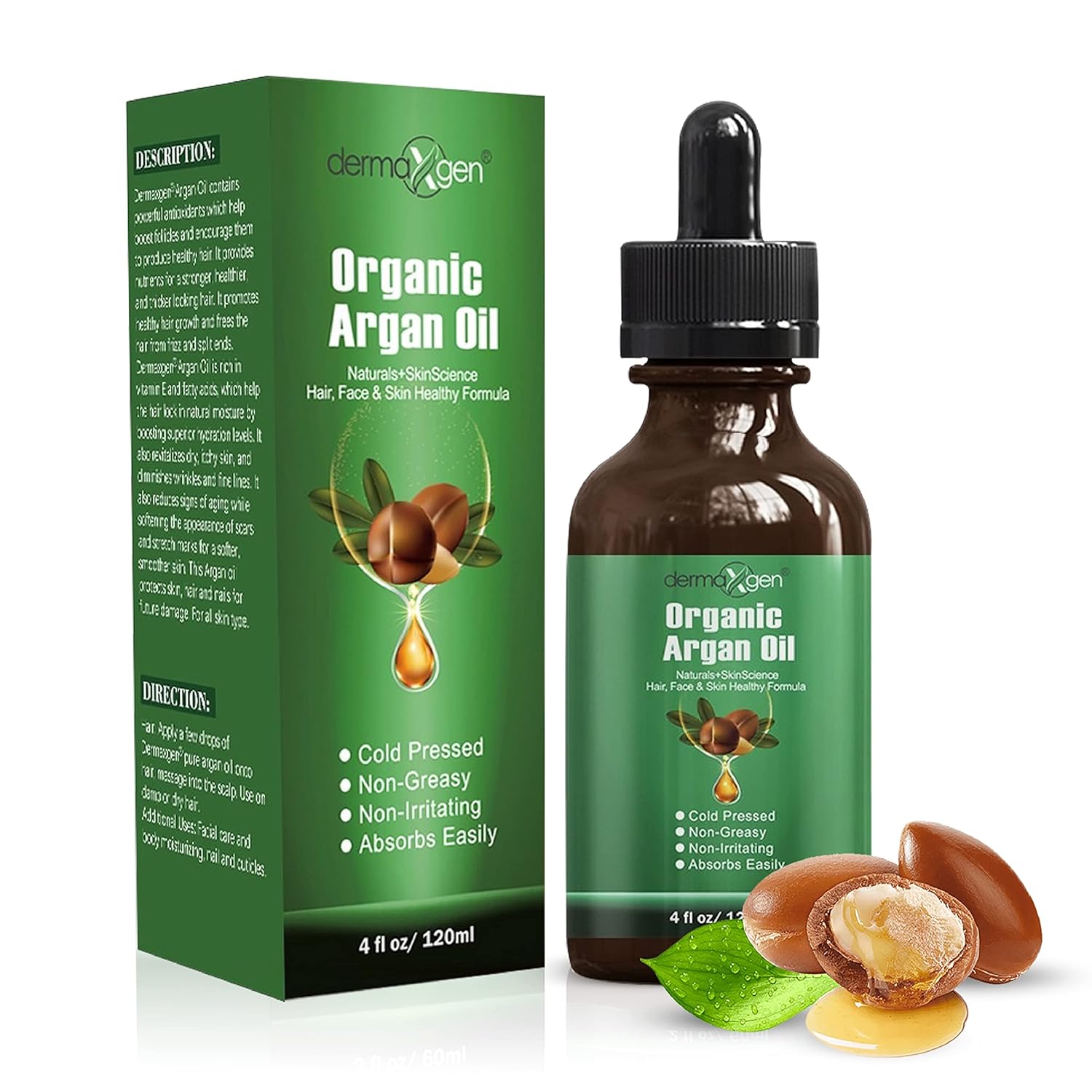 DERMAXGEN Argan Oil -100% Organic & Cold Pressed Moroccan Oil - Anti-Aging Moisturizing Treatment for Face, Hair, Skin & Nails, Acne Scars, Anti-Wrinkle. (4  )