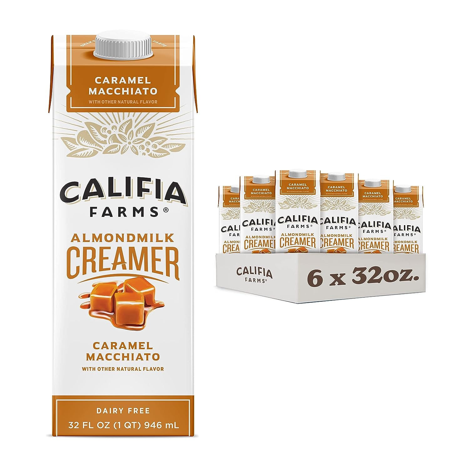 Califia Farms - Caramel Macchiato Almond Milk Coffee Creamer, (Pack of 6), Shelf Stable, Dairy Free, Plant Based, Vegan, Gluten Free, Non GMO, Almond Creamer