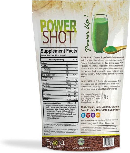 100 % PURE - RAW ORGANIC VEGAN - Power Shot Greens Superfood Blend - S