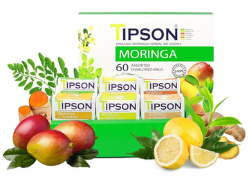 Tipson Organic Moringa Tea - 6 Assorted Flavors - 60 Premium Double Chambered Bags - Caffeine Free - NonGMO - Gluten Free
