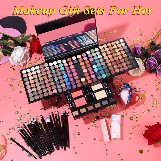 Makeup Gift Sets For Women - 190 Colors Makeup Palette Include Eyeshadow, Blushes, Eyebrow Powder, Eyeliner Pencil, Mirror + 20 Pcs Makeup Brushes + Eyeshadow Base Primer + 2Pcs Heart Shape Sponge Puff Make Up Set