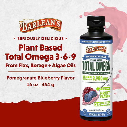 Barlean's Liq axseed, Borage & Algae Oils Omega 3 Supplement, Pomegranate Blueberry avor, Vegan EPA & DHA from Algal Oil, ax Oil and Borage Seed Oil with 3,980 mg of Omega-3-6-9, 1