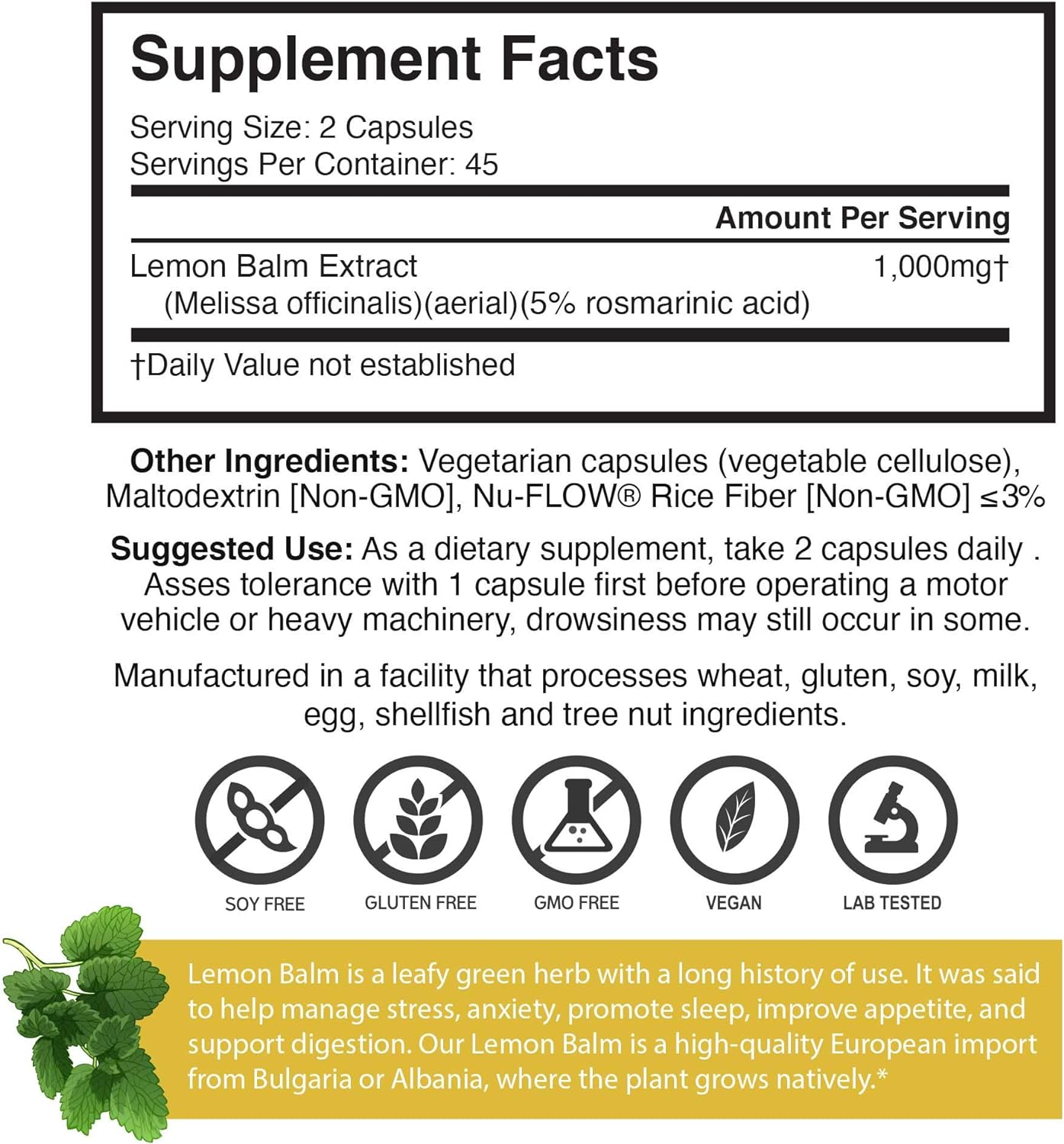 Brain Forza European Lemon Balm Extract Capsules - Standardized Extrac