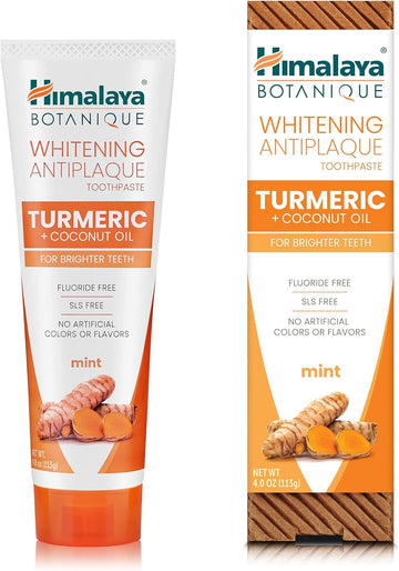 Himalaya Botanique Whitening Antiplaque Toothpaste with Turmeric + Coconut Oil, uoride Free, for Brighter Teeth, 4